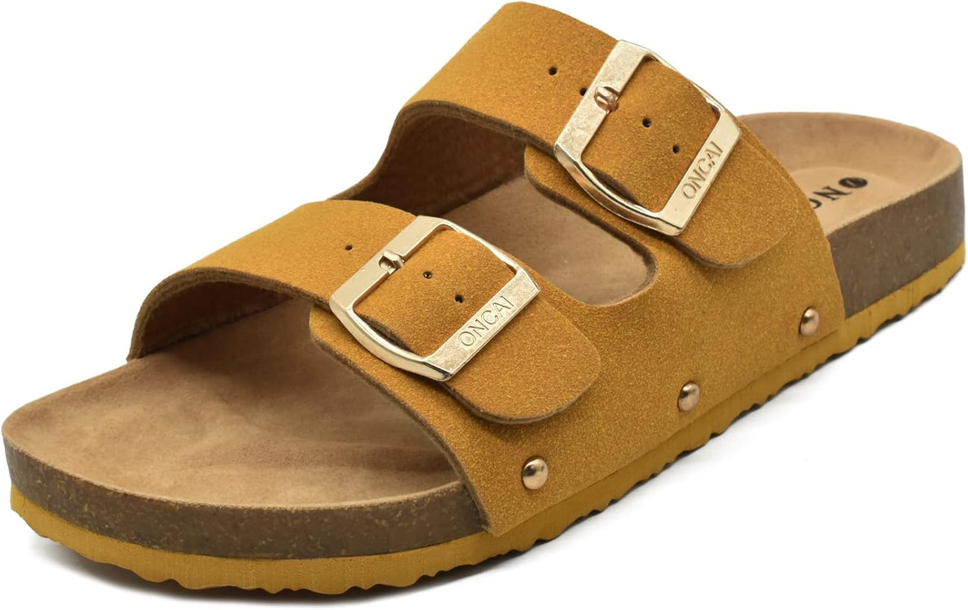 ONCAI Womens Flat Slide Sandals with Arch Support 2 Strap Adjustable Buckle Slip on Slides Shoes Non Slip Rubber Sole