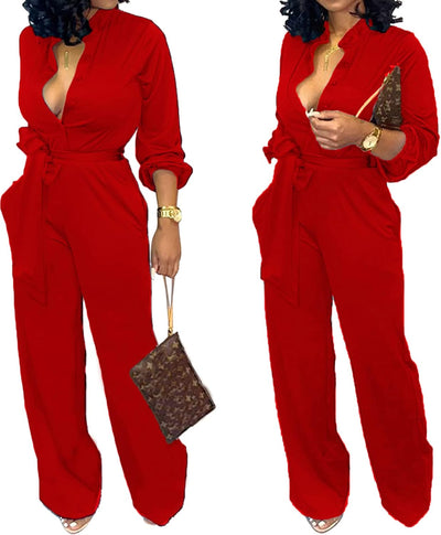 Women Jumpsuits Elegant Sexy V Neck Long Sleeve Casual for Work Wide Leg Pants with Pockets Belt