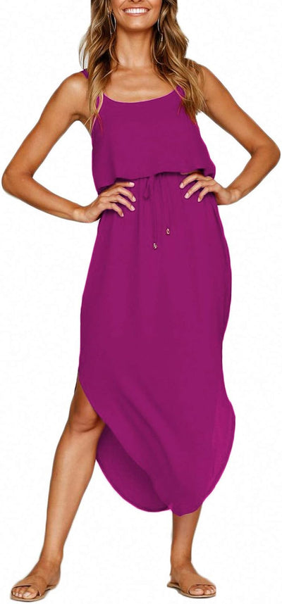 Women's Adjustable Strappy Split Summer Beach Casual Midi Dress