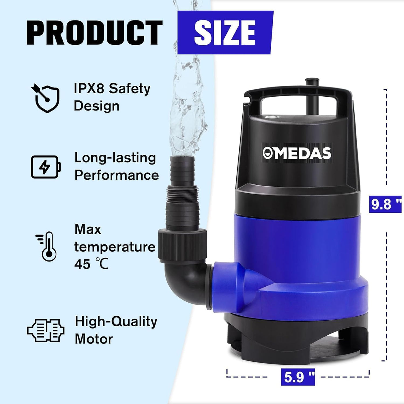 MEDAS 1HP Submersible Sump Pump, 3434 GPH High Flow Utility Pump for Clean/Dirty Water with 16.4ft Cord, Portable Water Pump for Pool, Garden, Basement, Pond, Flooded Areas and Tub Draining