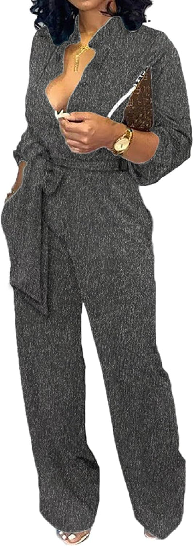 Women Jumpsuits Elegant Sexy V Neck Long Sleeve Casual for Work Wide Leg Pants with Pockets Belt