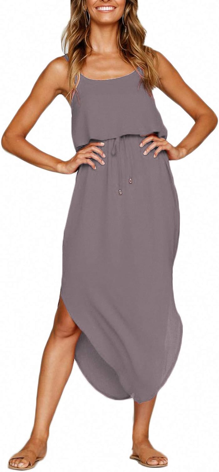 Women's Adjustable Strappy Split Summer Beach Casual Midi Dress