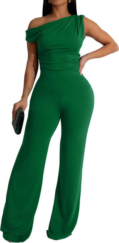 Women's One Off Shoulder Sleeveless Ruched High Waist Long Wide Leg Pants Jumpsuit