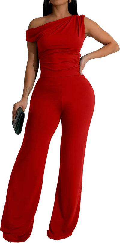 Women's One Off Shoulder Sleeveless Ruched High Waist Long Wide Leg Pants Jumpsuit