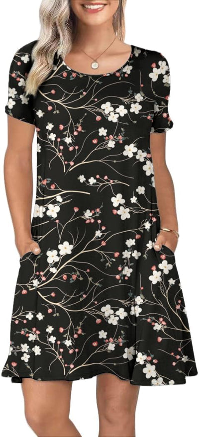 Women's Summer Casual Short Sleeve Crew Neck T Shirt Dresses Loose Swing with Pockets