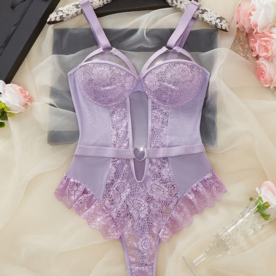 Hot Contrast Lace Teddy, Lettuce Trim Heart Decor Cut Out Strappy Thong Bodysuit, Women's Sexy Lingerie & Underwear
