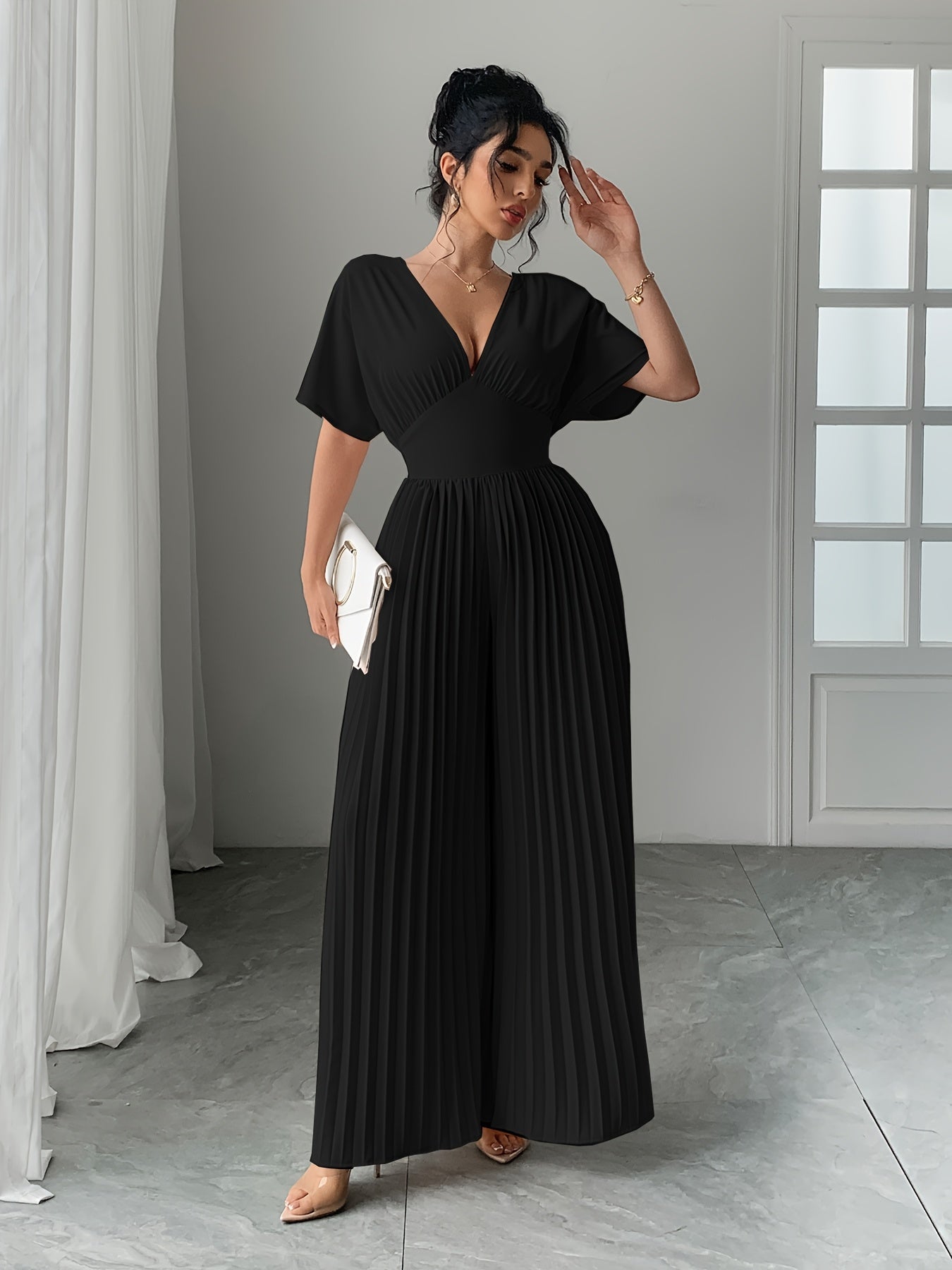 Women's Solid Deep V-Neck Bat Wing Pleat Elegant Jumpsuit
