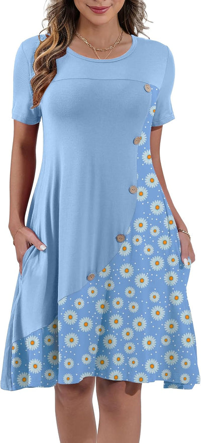 Women's Summer Casual Short Sleeve Crew Neck T Shirt Dresses Loose Swing with Pockets