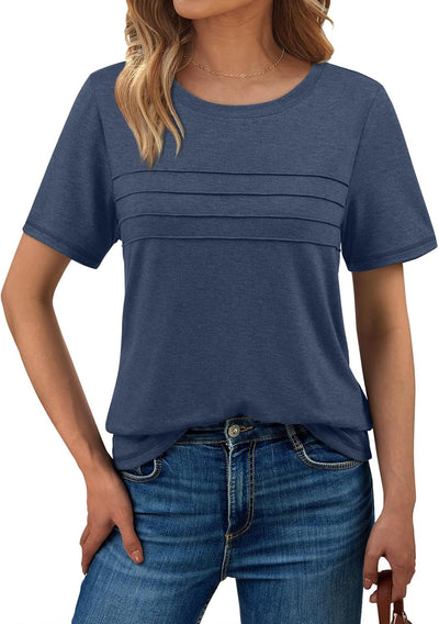 AUTOMET Women's Summer Short Sleeve Shirts Trendy T-Shirts Dressy Casual Blouses 2025 Crew Neck Tunic Beach Fashion Tops