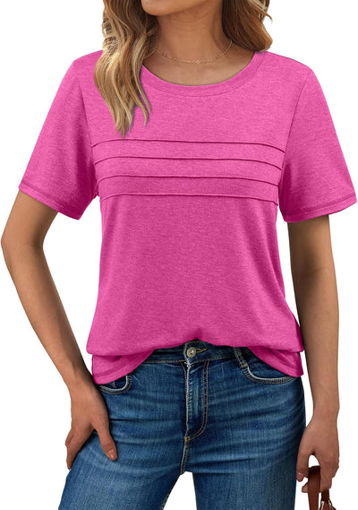 AUTOMET Women's Summer Short Sleeve Shirts Trendy T-Shirts Dressy Casual Blouses 2025 Crew Neck Tunic Beach Fashion Tops