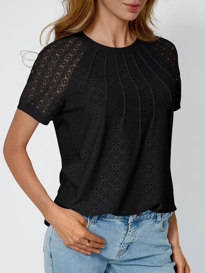 AUTOMET Short Sleeve Shirts for Women Eyelet Embroidery Summer Dressy Tops 2025 Trendy Lace Casual T-Shirts Work Outfits