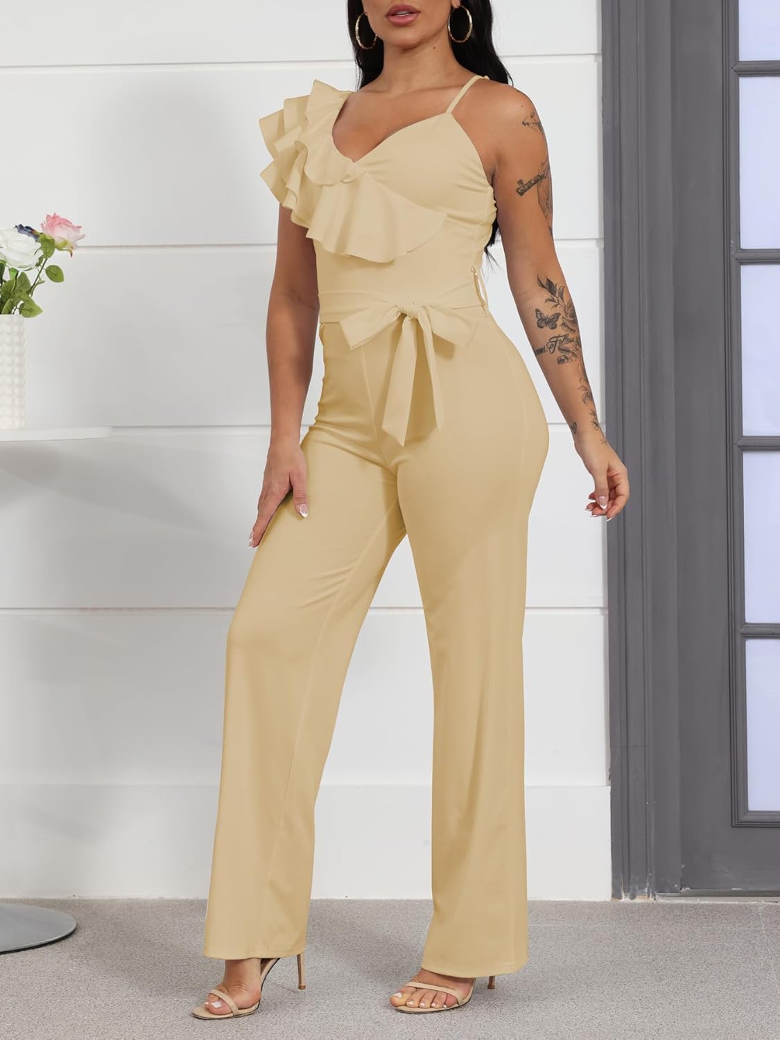 Womens Casual One Piece Jumpsuits V-Neck Sleeveless Ruffle Elegant Romper Wide Leg Pant Sexy Party Clubwear Overalls