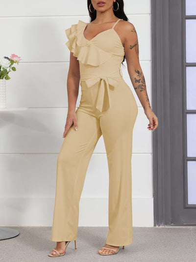 Womens Casual One Piece Jumpsuits V-Neck Sleeveless Ruffle Elegant Romper Wide Leg Pant Sexy Party Clubwear Overalls