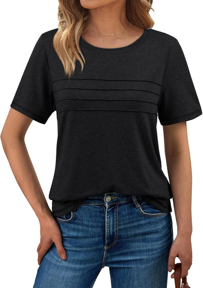 AUTOMET Women's Summer Short Sleeve Shirts Trendy T-Shirts Dressy Casual Blouses 2025 Crew Neck Tunic Beach Fashion Tops