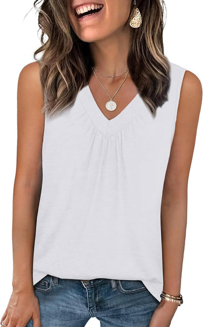 OFEEFAN Tank Top for Women Loose Fit Sleeveless Shirts V Neck Summer Clothes Ruched Women's Tees and Tanks Curved Hem