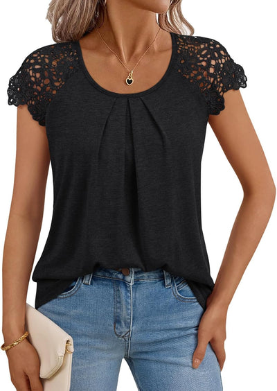 LILLUSORY Lace Short Sleeve Shirts Womens Summer Crew Neck Tops Casual Dressy Tshirt Blouses