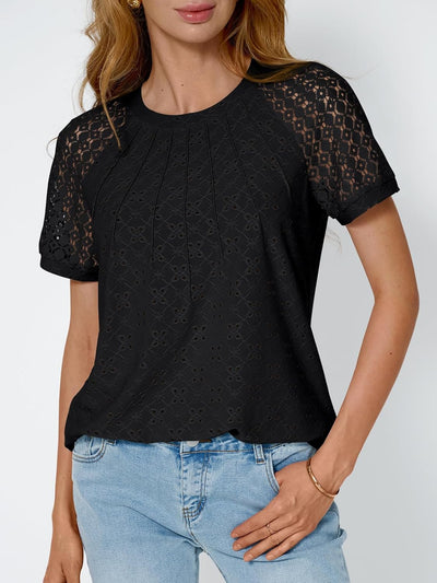 AUTOMET Short Sleeve Shirts for Women Eyelet Embroidery Summer Dressy Tops 2025 Trendy Lace Casual T-Shirts Work Outfits