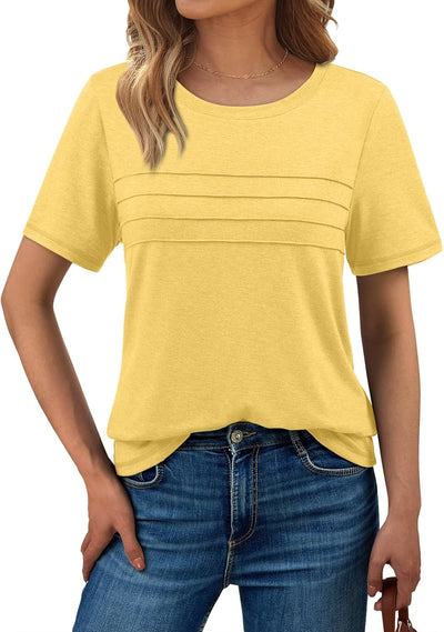 AUTOMET Women's Summer Short Sleeve Shirts Trendy T-Shirts Dressy Casual Blouses 2025 Crew Neck Tunic Beach Fashion Tops