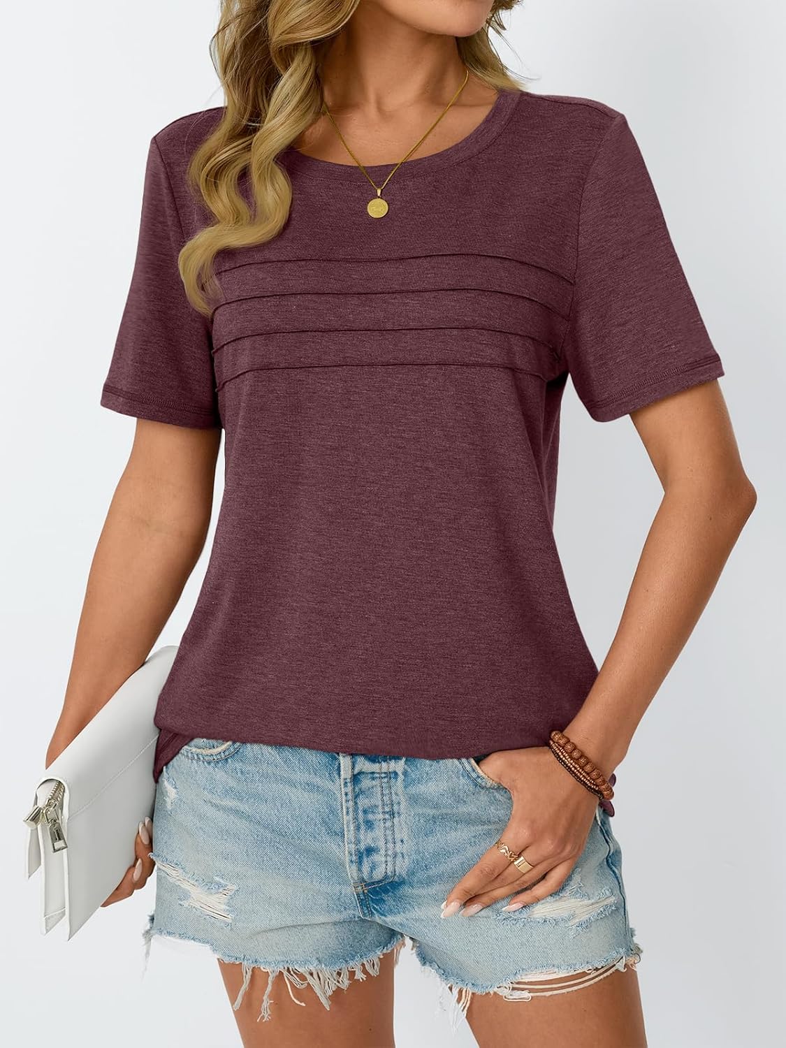 AUTOMET Women's Summer Short Sleeve Shirts Trendy T-Shirts Dressy Casual Blouses 2025 Crew Neck Tunic Beach Fashion Tops