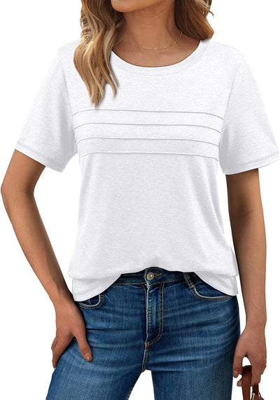 AUTOMET Women's Summer Short Sleeve Shirts Trendy T-Shirts Dressy Casual Blouses 2025 Crew Neck Tunic Beach Fashion Tops