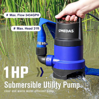 MEDAS 1HP Submersible Sump Pump, 3434 GPH High Flow Utility Pump for Clean/Dirty Water with 16.4ft Cord, Portable Water Pump for Pool, Garden, Basement, Pond, Flooded Areas and Tub Draining