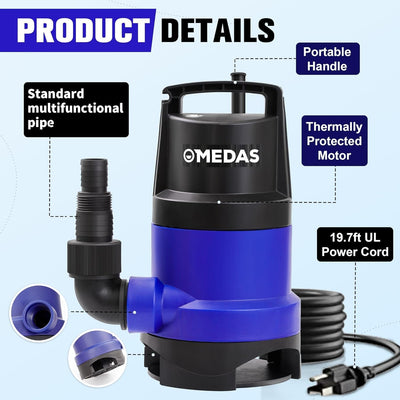 MEDAS 1HP Submersible Sump Pump, 3434 GPH High Flow Utility Pump for Clean/Dirty Water with 16.4ft Cord, Portable Water Pump for Pool, Garden, Basement, Pond, Flooded Areas and Tub Draining