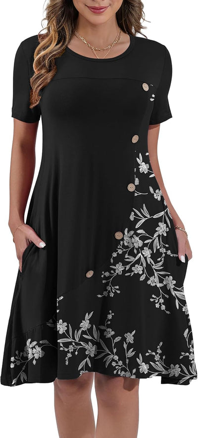 Women's Summer Casual Short Sleeve Crew Neck T Shirt Dresses Loose Swing with Pockets