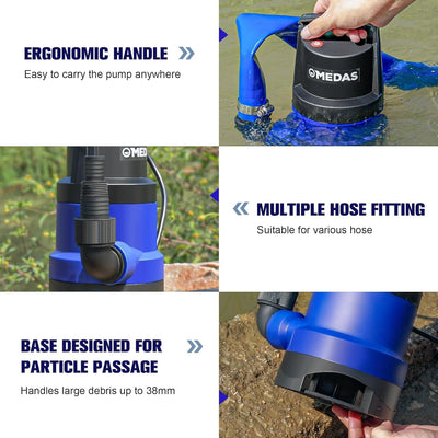 MEDAS 1HP Submersible Sump Pump, 3434 GPH High Flow Utility Pump for Clean/Dirty Water with 16.4ft Cord, Portable Water Pump for Pool, Garden, Basement, Pond, Flooded Areas and Tub Draining