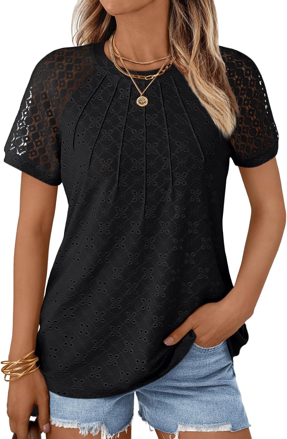 AUTOMET Short Sleeve Shirts for Women Eyelet Embroidery Summer Dressy Tops 2025 Trendy Lace Casual T-Shirts Work Outfits