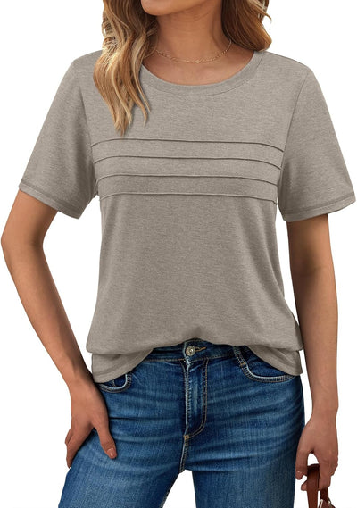 AUTOMET Women's Summer Short Sleeve Shirts Trendy T-Shirts Dressy Casual Blouses 2025 Crew Neck Tunic Beach Fashion Tops