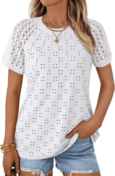 AUTOMET Short Sleeve Shirts for Women Eyelet Embroidery Summer Dressy Tops 2025 Trendy Lace Casual T-Shirts Work Outfits
