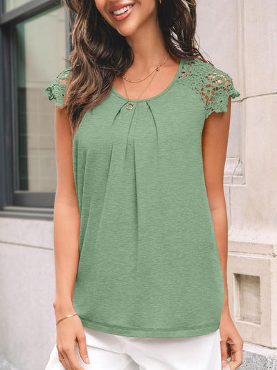LILLUSORY Lace Short Sleeve Shirts Womens Summer Crew Neck Tops Casual Dressy Tshirt Blouses