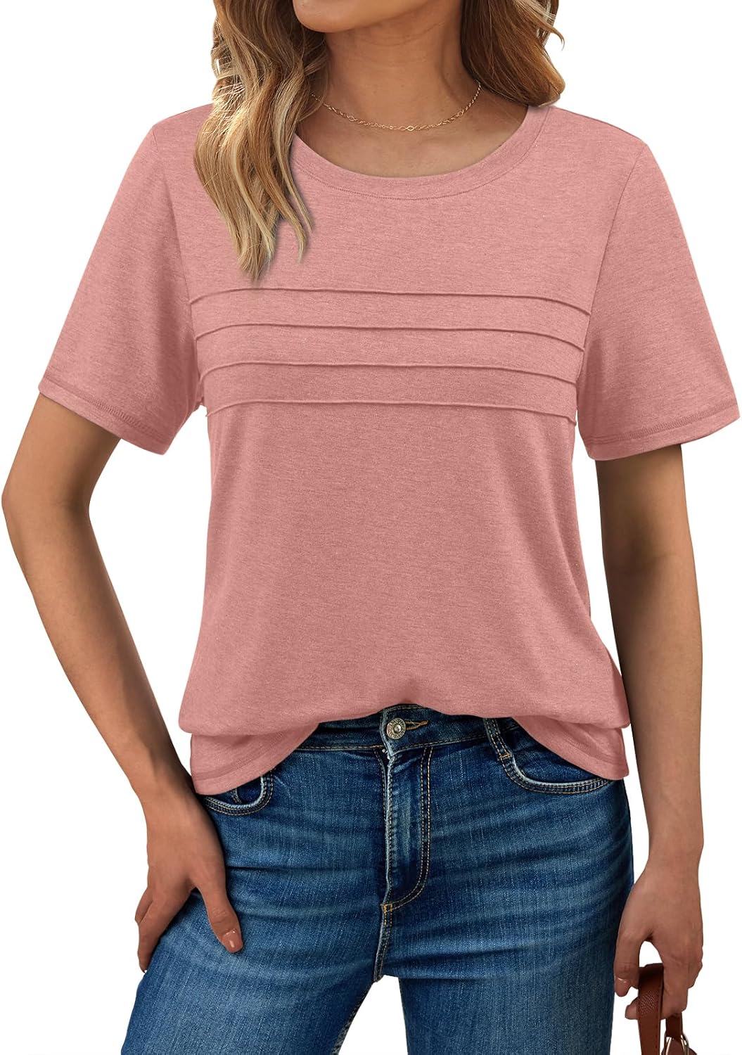 AUTOMET Women's Summer Short Sleeve Shirts Trendy T-Shirts Dressy Casual Blouses 2025 Crew Neck Tunic Beach Fashion Tops