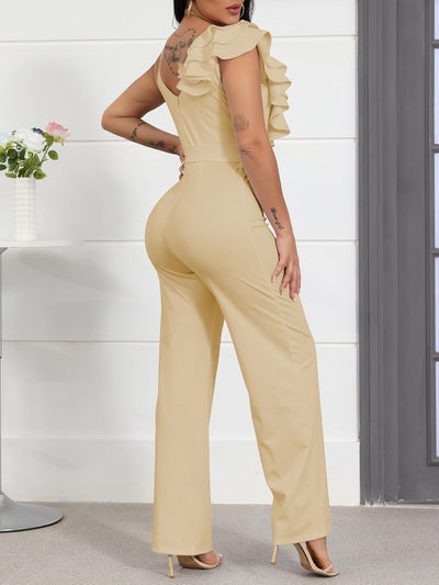 Womens Casual One Piece Jumpsuits V-Neck Sleeveless Ruffle Elegant Romper Wide Leg Pant Sexy Party Clubwear Overalls