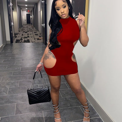 Cut Out Mock Neck Tank Dress, Sexy Bodycon Sleeveless Dress For Spring & Summer, Women's Clothing