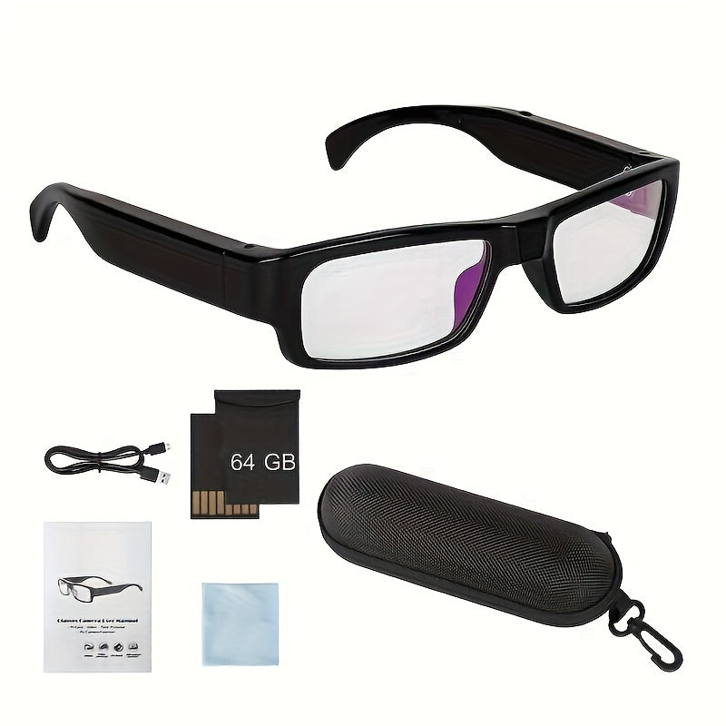 Video Glasses, Portable Camera Glasses, 1080P Sports Camera, Outdoor Cyclingmini Camera Glasses, with 64GB Storage Card