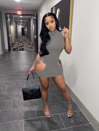 Cut Out Mock Neck Tank Dress, Sexy Bodycon Sleeveless Dress For Spring & Summer, Women's Clothing