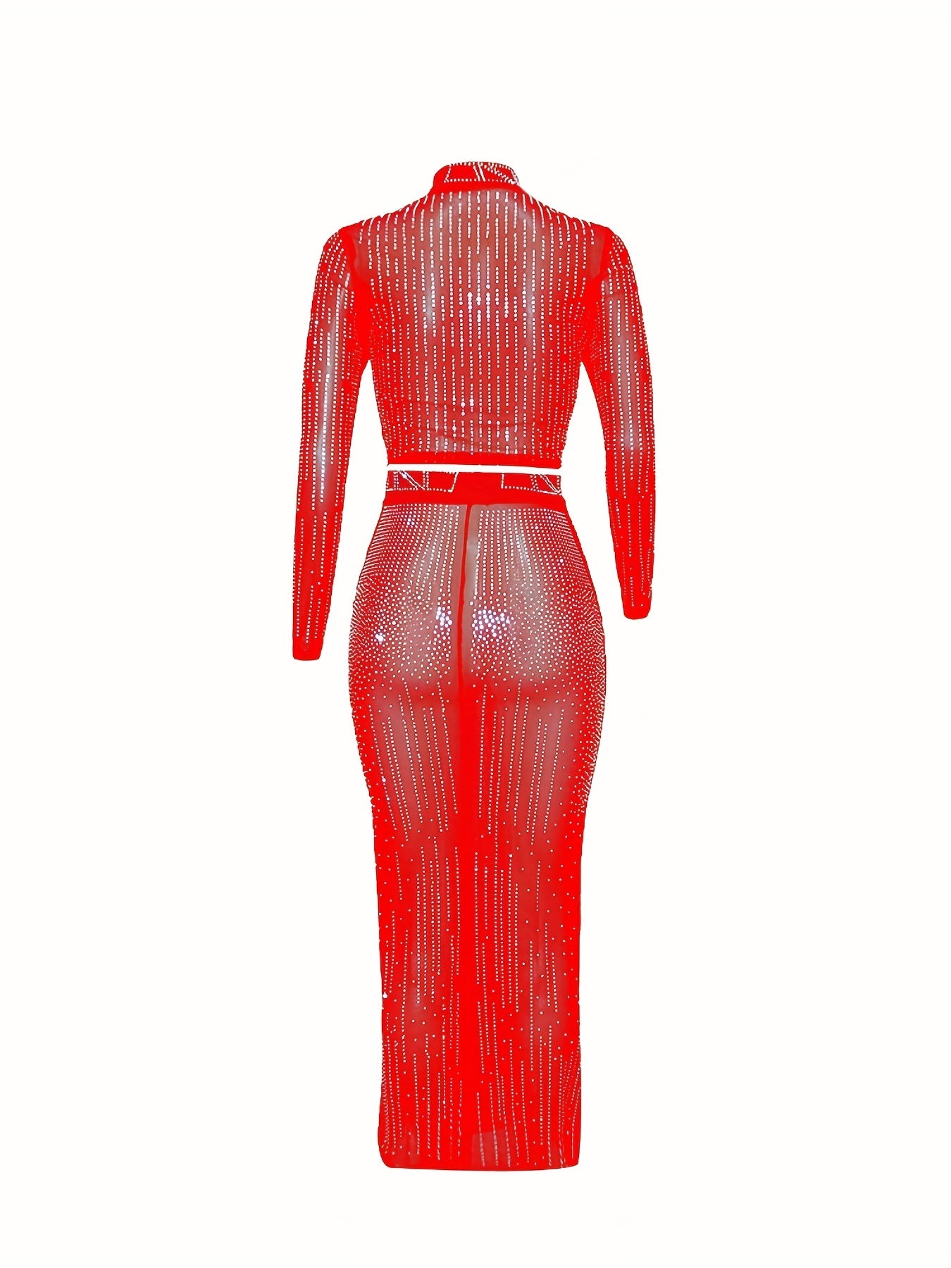 Two-Piece Glamour Set - Rhinestone Embellished Bodycon Crop Top & High Waist Floor Length Skirt - Women's Party Clothing for Special Occasions