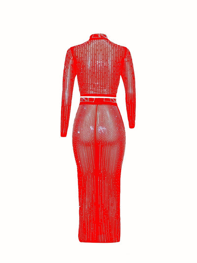 Two-Piece Glamour Set - Rhinestone Embellished Bodycon Crop Top & High Waist Floor Length Skirt - Women's Party Clothing for Special Occasions