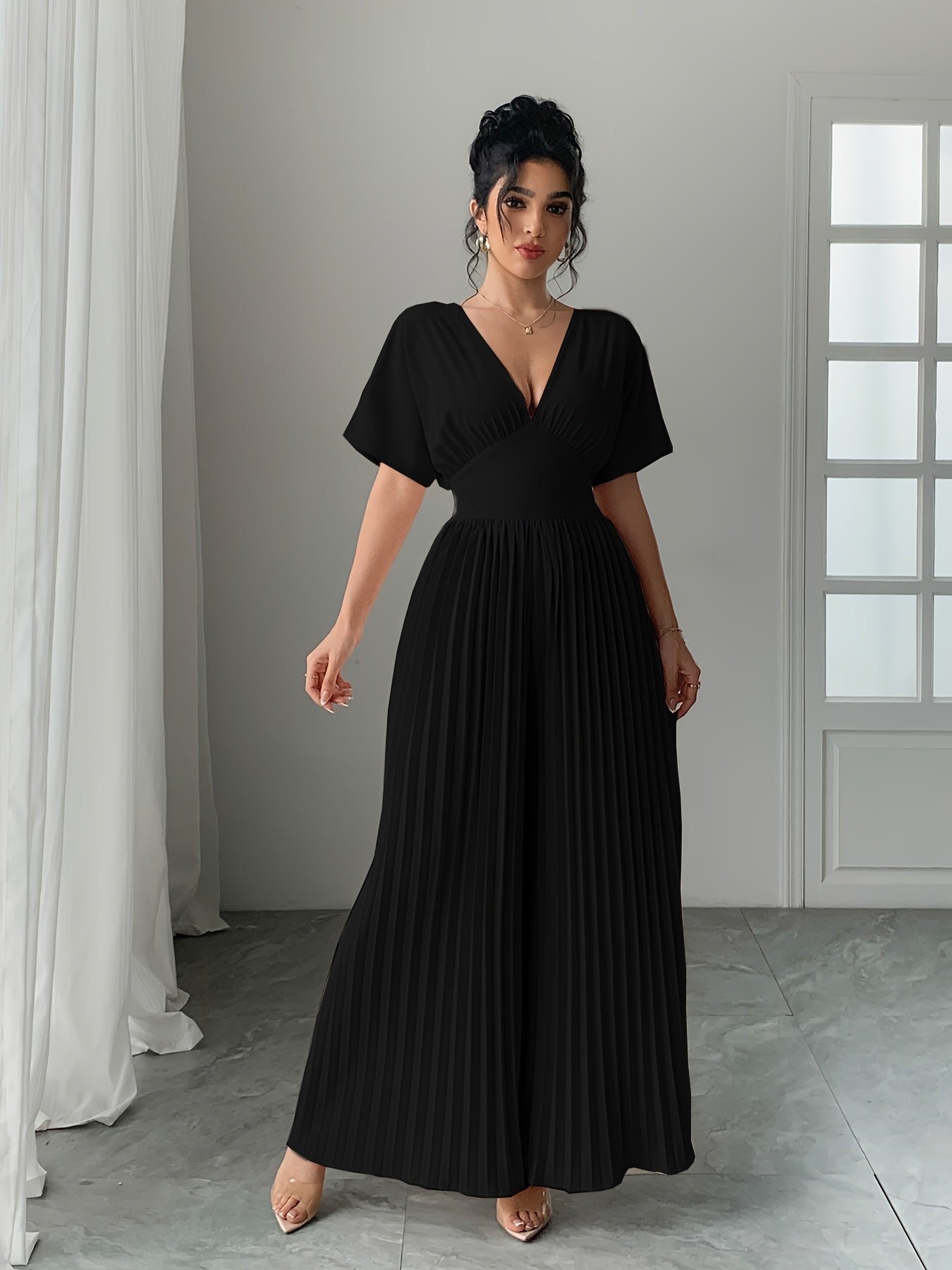 Women's Solid Deep V-Neck Bat Wing Pleat Elegant Jumpsuit