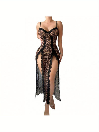 Sexy Lingerie Leopard Print See-Through Long Skirt Passion Uniform Pajamas Thong