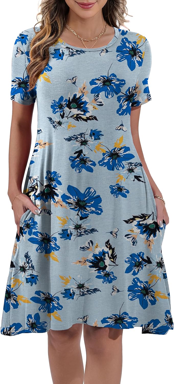 Women's Summer Casual Short Sleeve Crew Neck T Shirt Dresses Loose Swing with Pockets