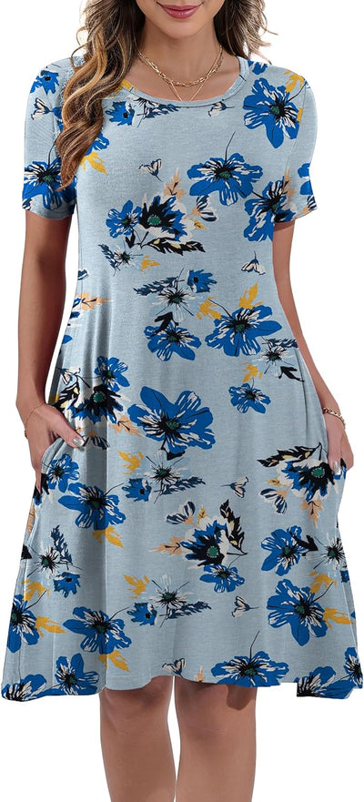 Women's Summer Casual Short Sleeve Crew Neck T Shirt Dresses Loose Swing with Pockets