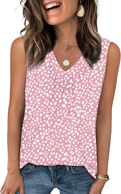 OFEEFAN Tank Top for Women Loose Fit Sleeveless Shirts V Neck Summer Clothes Ruched Women's Tees and Tanks Curved Hem