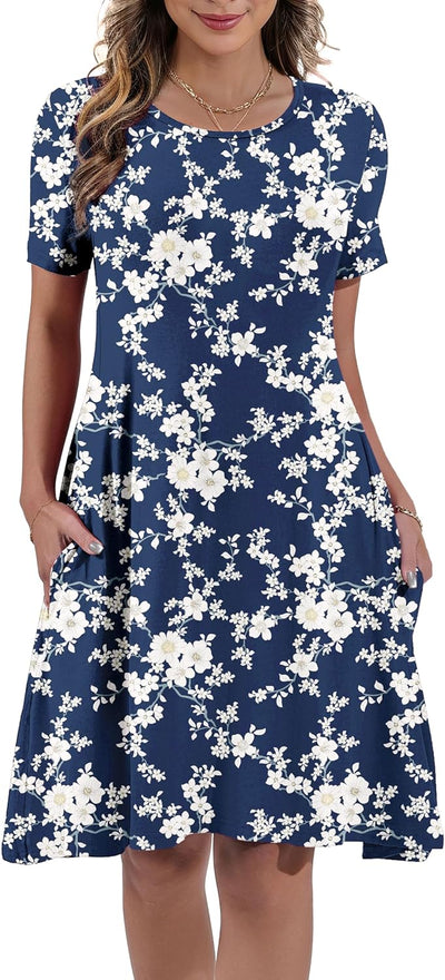 Women's Summer Casual Short Sleeve Crew Neck T Shirt Dresses Loose Swing with Pockets