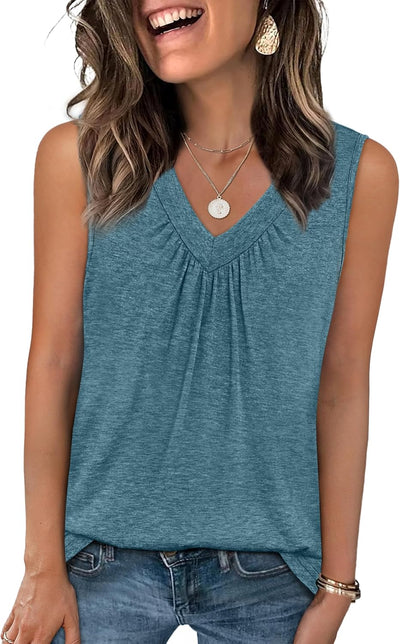 OFEEFAN Tank Top for Women Loose Fit Sleeveless Shirts V Neck Summer Clothes Ruched Women's Tees and Tanks Curved Hem