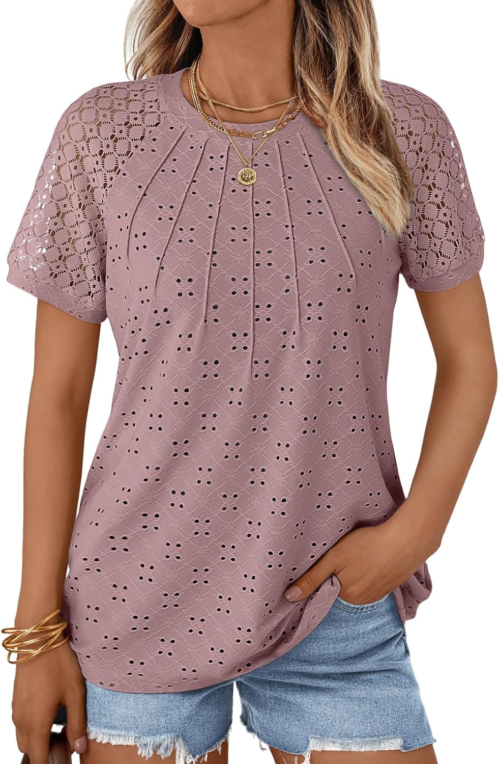 AUTOMET Short Sleeve Shirts for Women Eyelet Embroidery Summer Dressy Tops 2025 Trendy Lace Casual T-Shirts Work Outfits