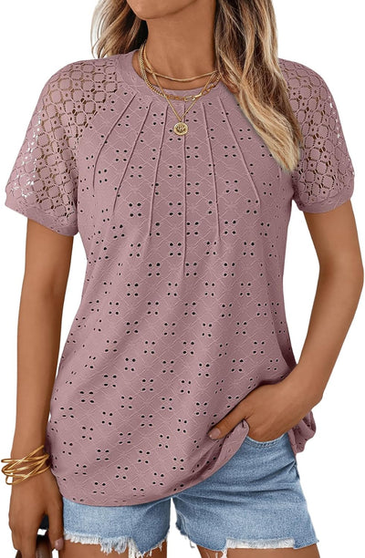 AUTOMET Short Sleeve Shirts for Women Eyelet Embroidery Summer Dressy Tops 2025 Trendy Lace Casual T-Shirts Work Outfits