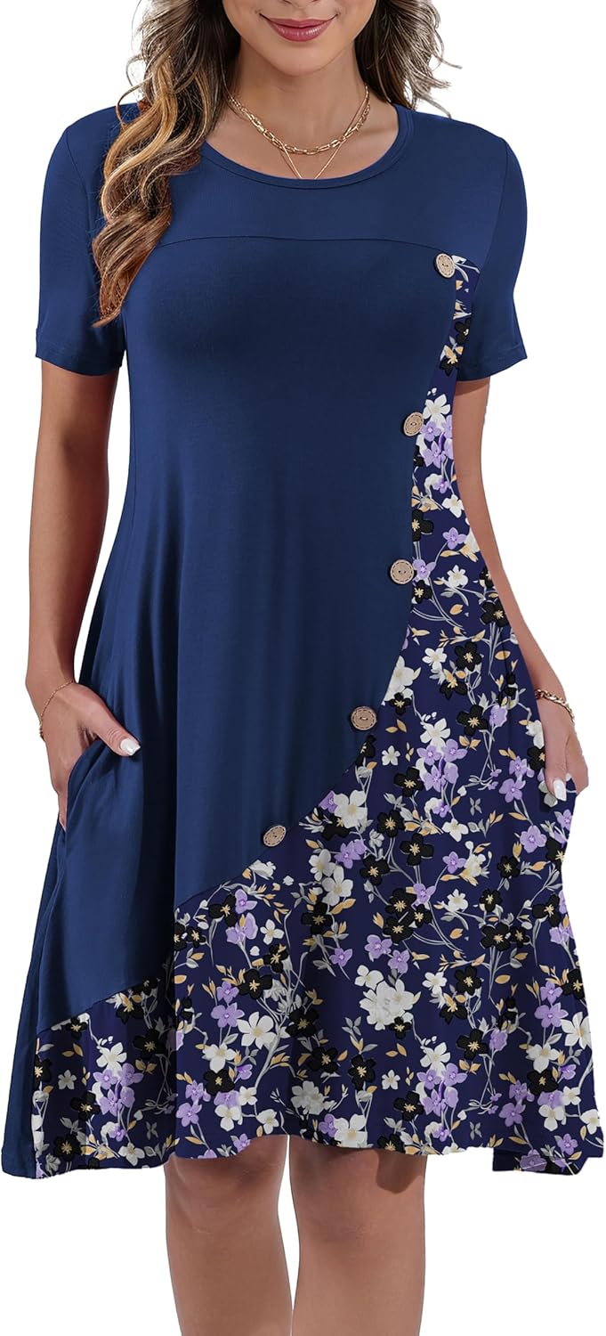 Women's Summer Casual Short Sleeve Crew Neck T Shirt Dresses Loose Swing with Pockets