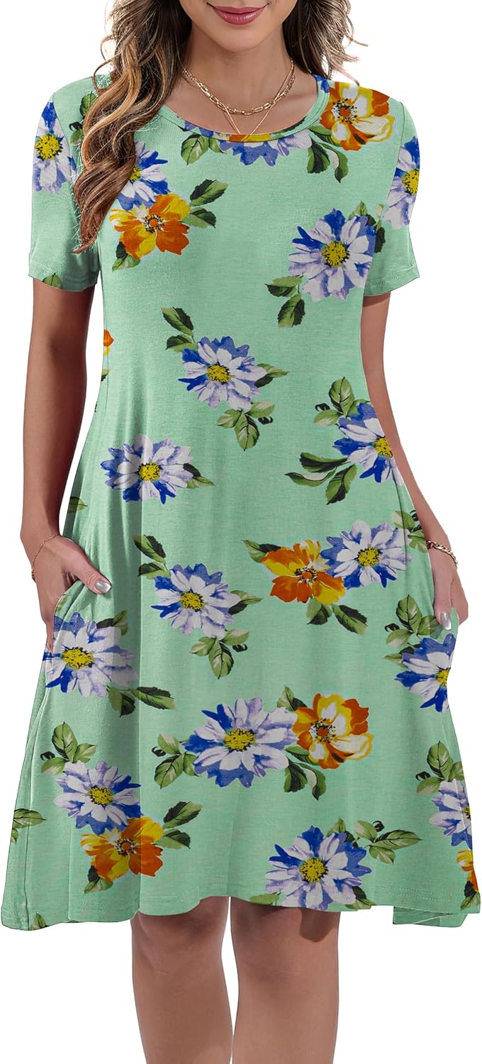 Women's Summer Casual Short Sleeve Crew Neck T Shirt Dresses Loose Swing with Pockets